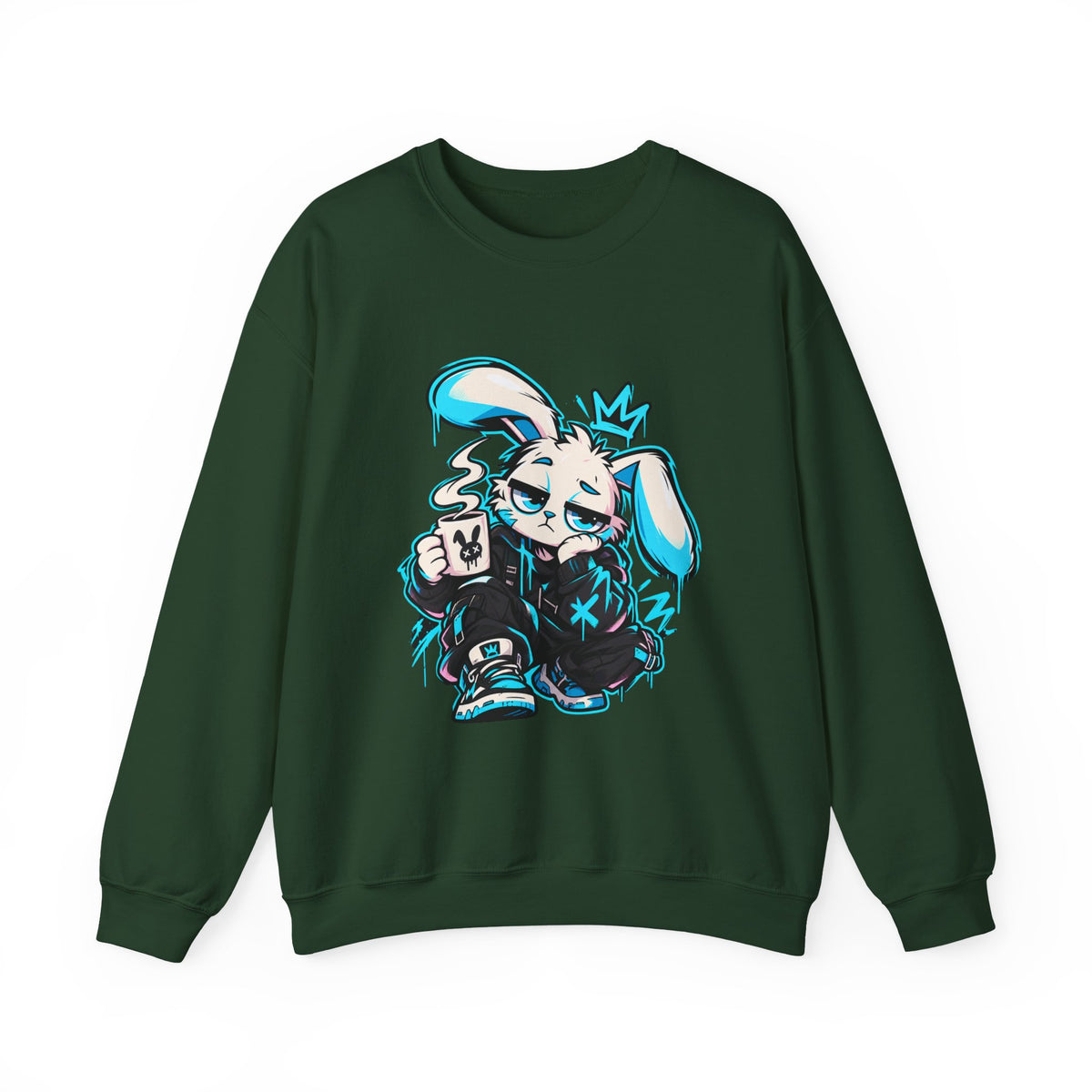Graffiti Rabbit Coffee Crewneck Sweatshirt in Forest Green