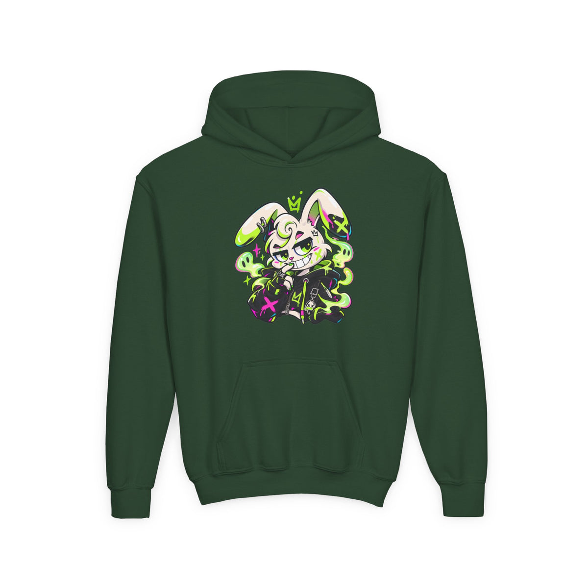 Neon Goth Bunny Kids Hoodie in Forest Green