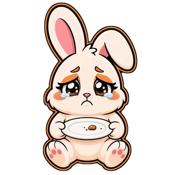 Crumb, the NineRabbits snack rabbit, holding an empty plate